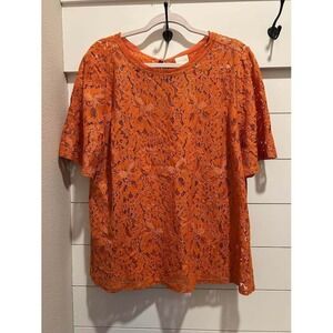 Chicos Orange Floral Lace Short Sleeve Blouse Keyhole Back Top Size 2 Lg. NWT